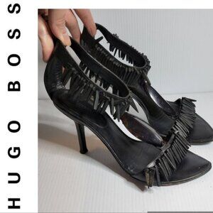❤️ 3 for $35 Hugo Boss fringe wood stiletto sandals high heels size 37